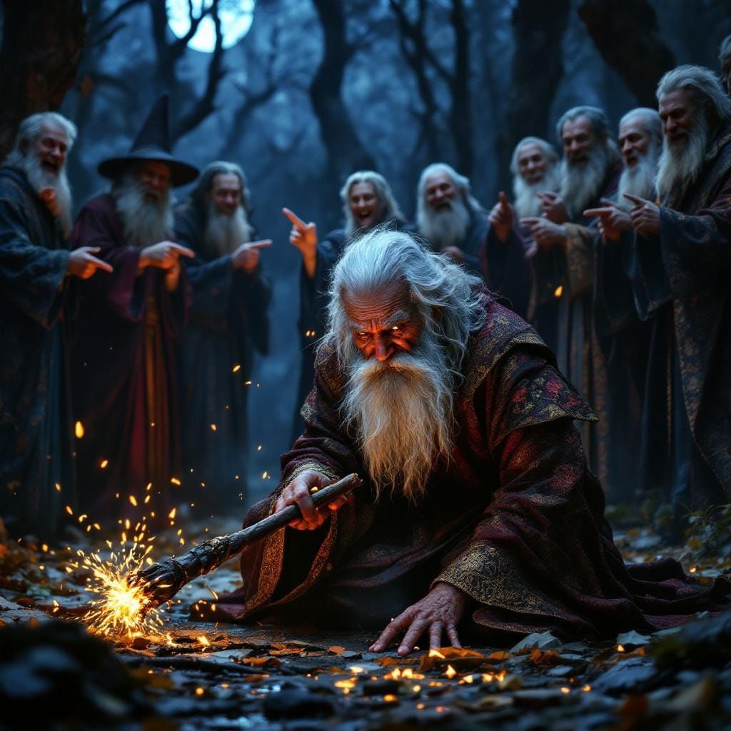 Wizard's Sorrow: A Hyperrealistic Fantasy Scene