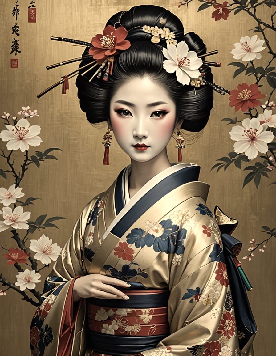 Elegant Geisha Portrait in Ukiyo-e Style