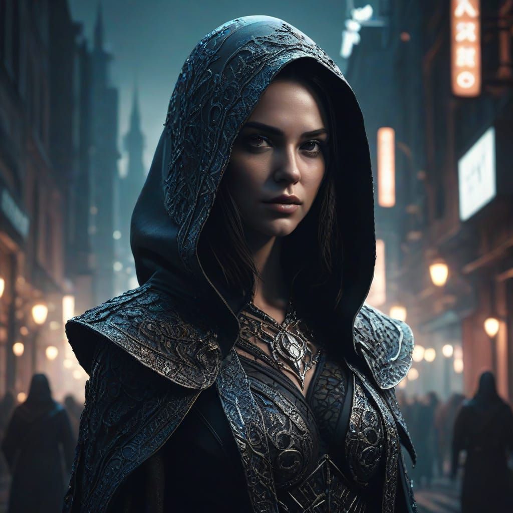 Dark Fantasy Maven in Moody Cityscape