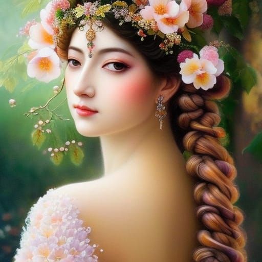 Peach Fairy Portrait with Blossoms in Art Nouveau Style