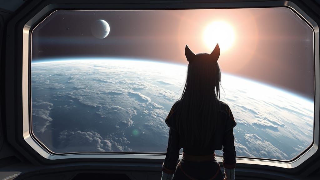 Girl with Cat Ears Stands at Starship Window, Gazing at Dist...
