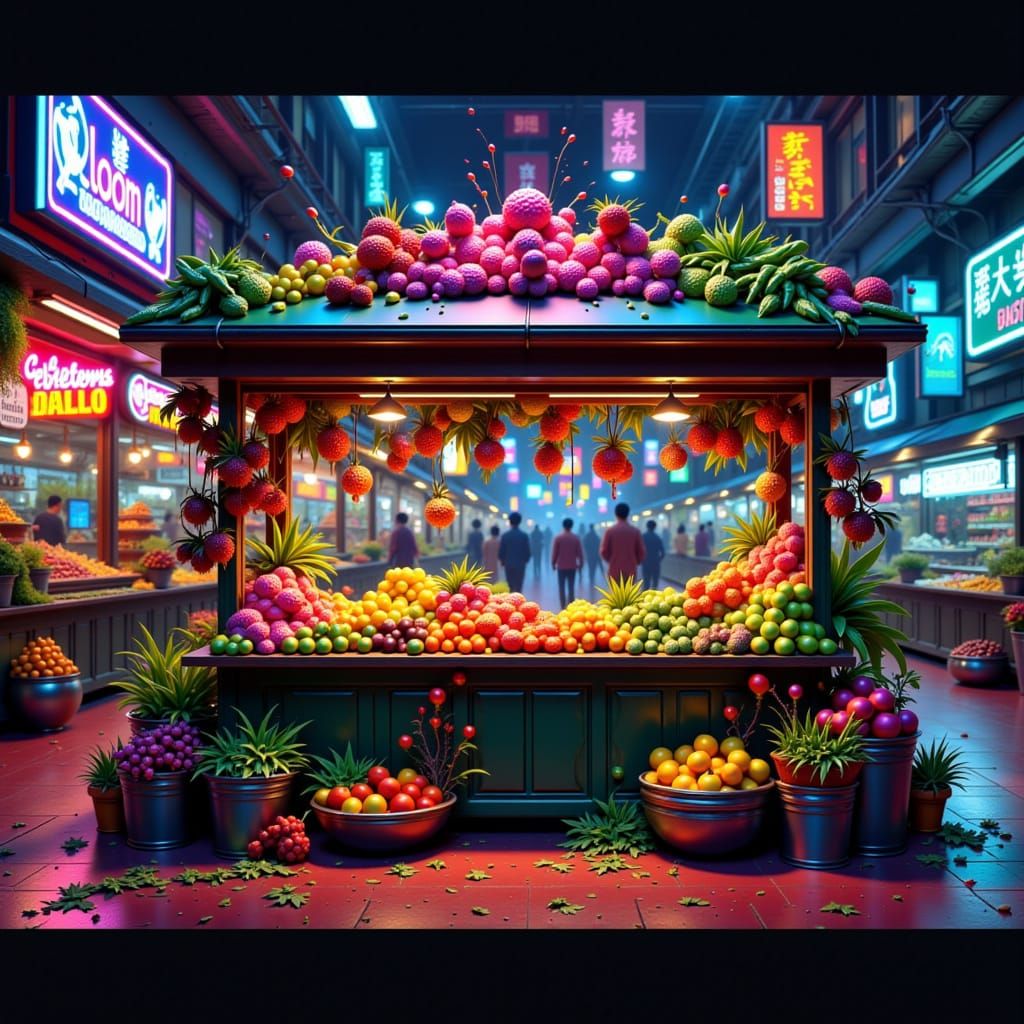 Bioluminescent Produce in Alien Marketplace: Digital Paintin...