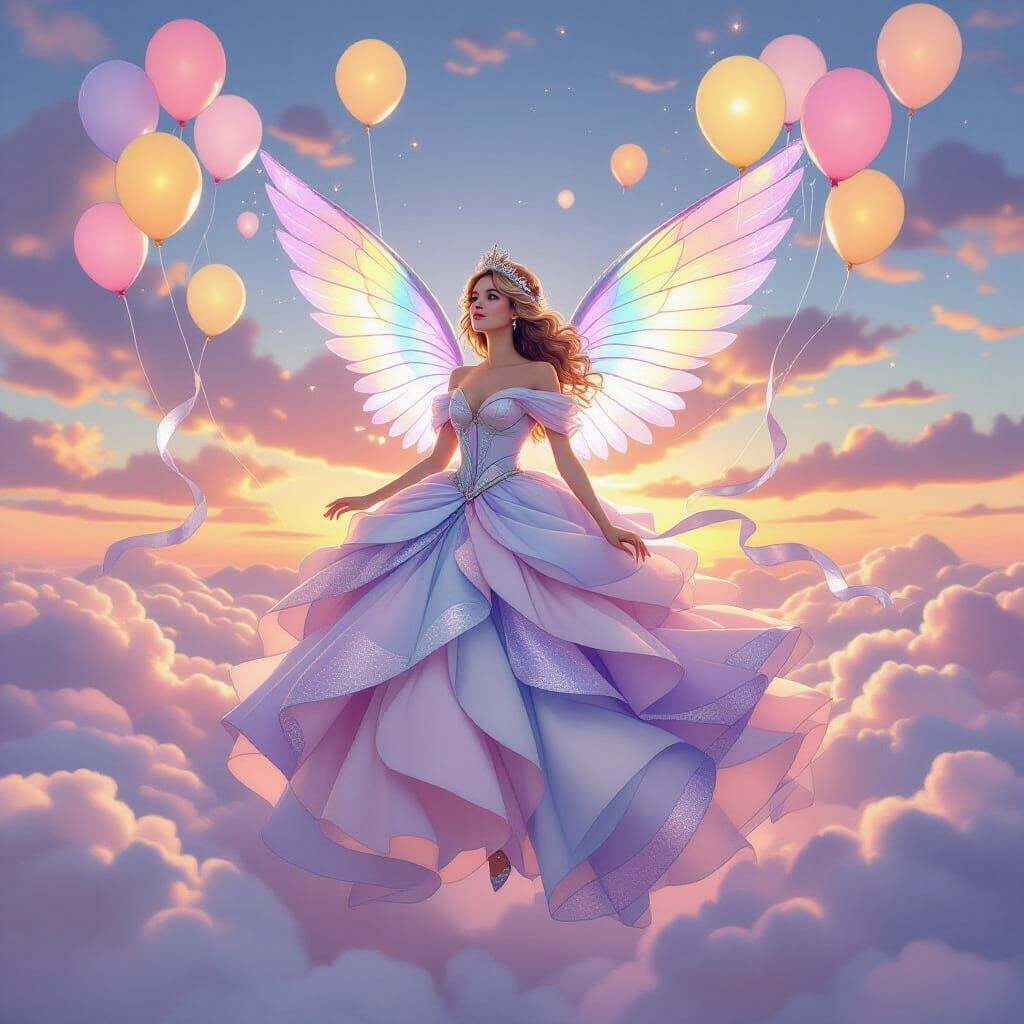 Balloon Princess in Magical Sky Realm with Rainbow Wings