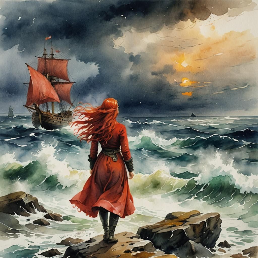Watercolor: Scottish Girl by Stormy Sea, Viking Ship