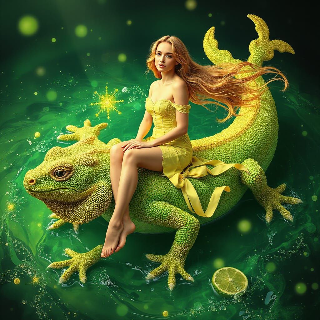 Woman on Gummy Salamander in Soda Ocean, Art Nouveau Digital...