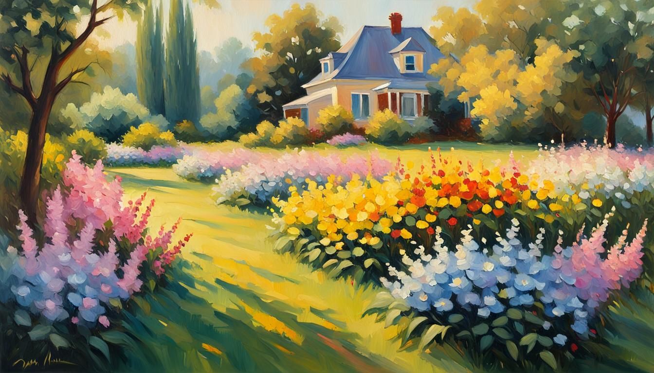 Impressionist Garden Scene with Vivid Oil Painting