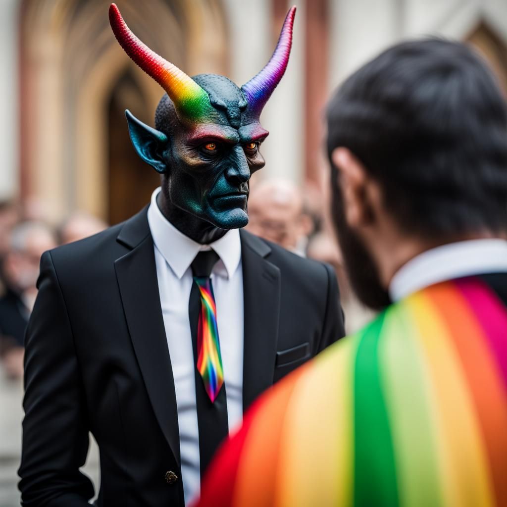 Demon in Suit Talking to Priest with Scarf