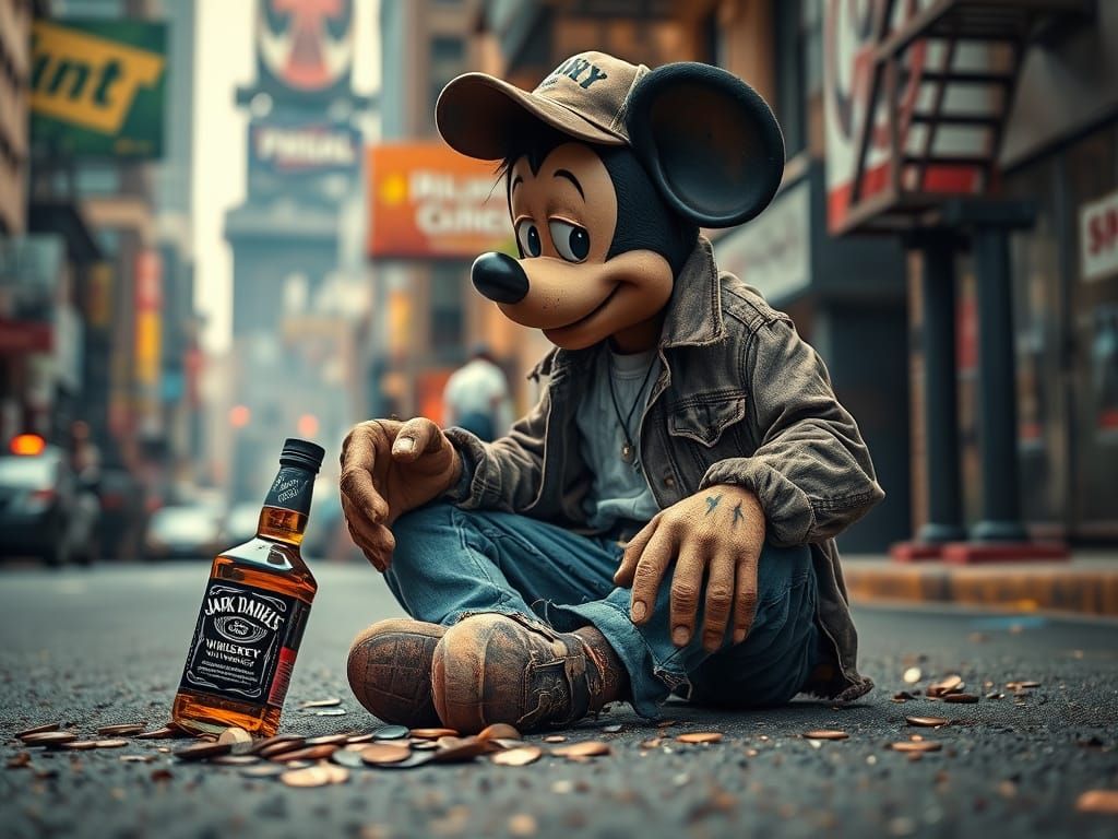 Beggar Mickey Mouse in Gritty Urban Landscape