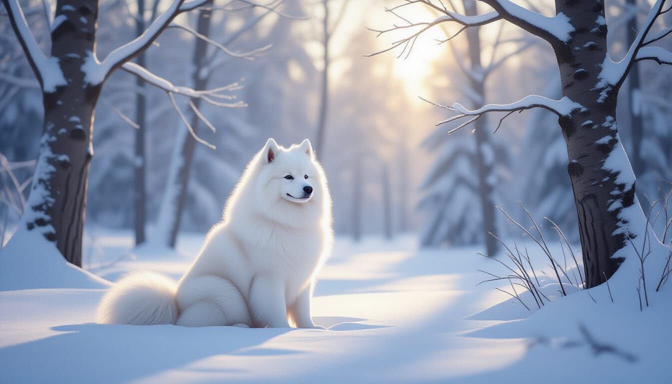 Fluffy Samoyed Dog in Snow Forest Storybook Style