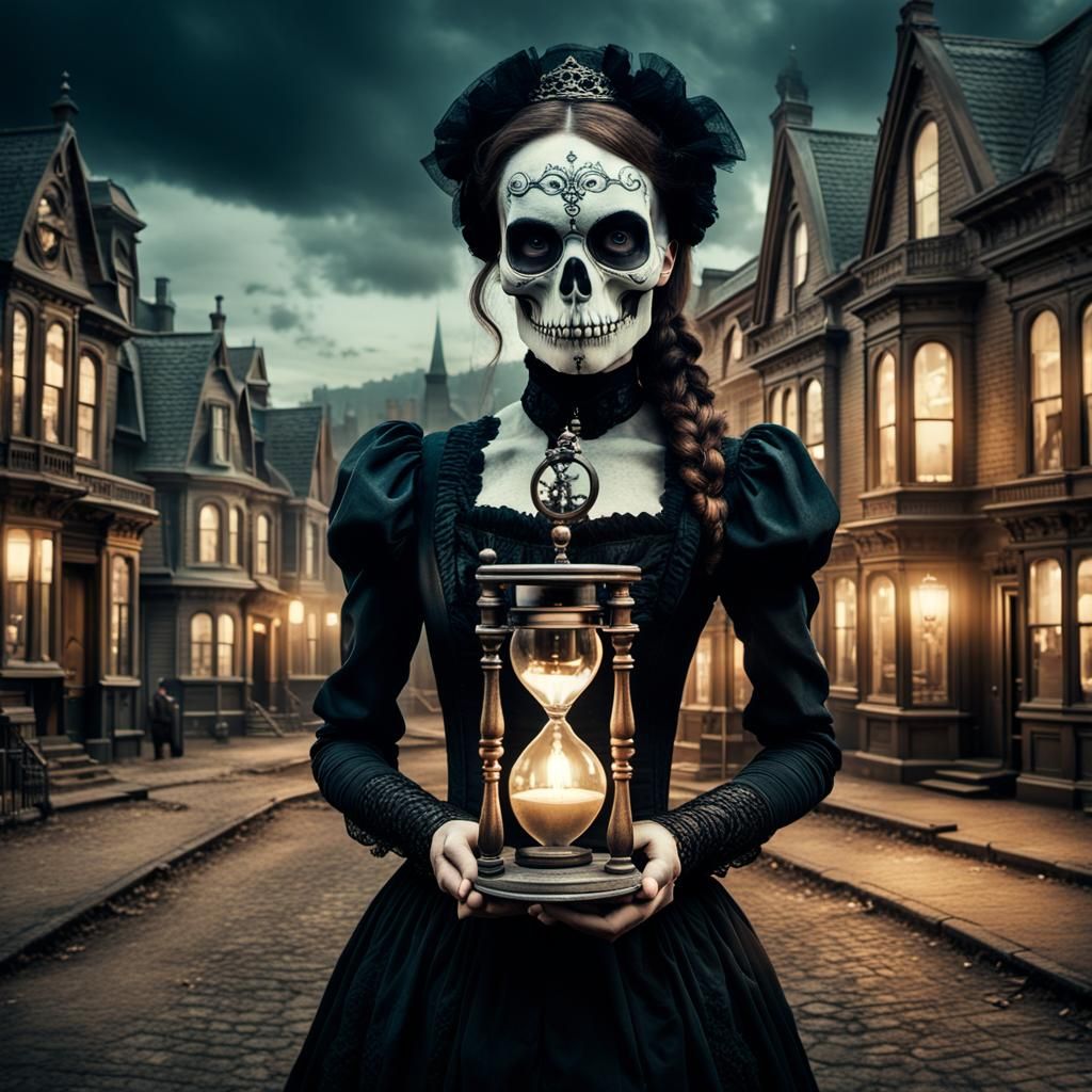 Gothic Woman with Skull Face and Hourglass