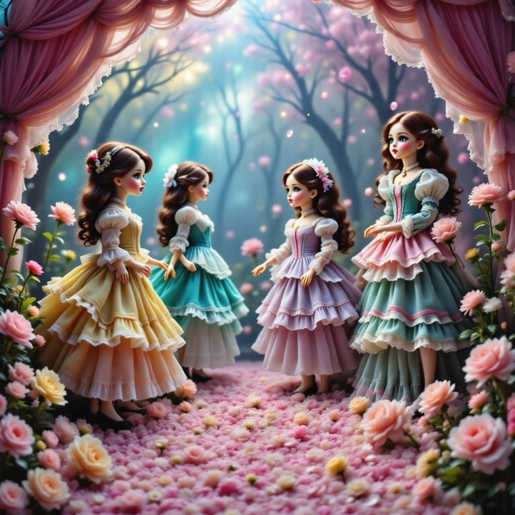 Antique Dolls Ballet on Rose Petal Stage in Surreal Dreamsca...