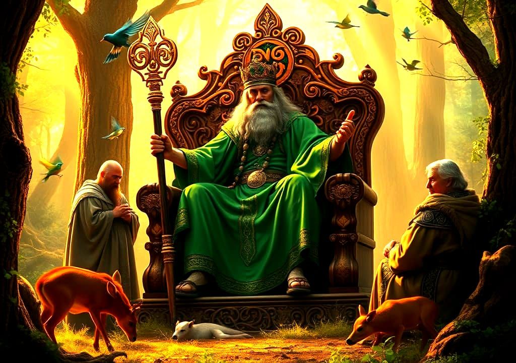 Dagda on Ornate Throne in Mystical Celtic Forest