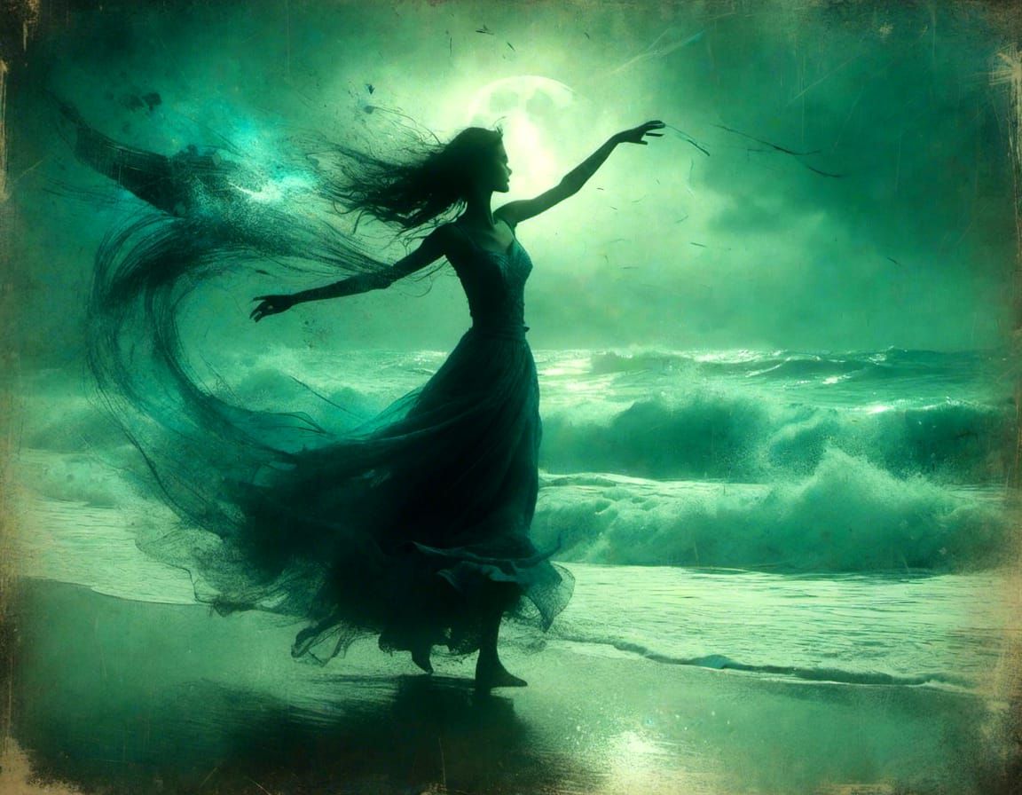 mystical woman on a stormy beach