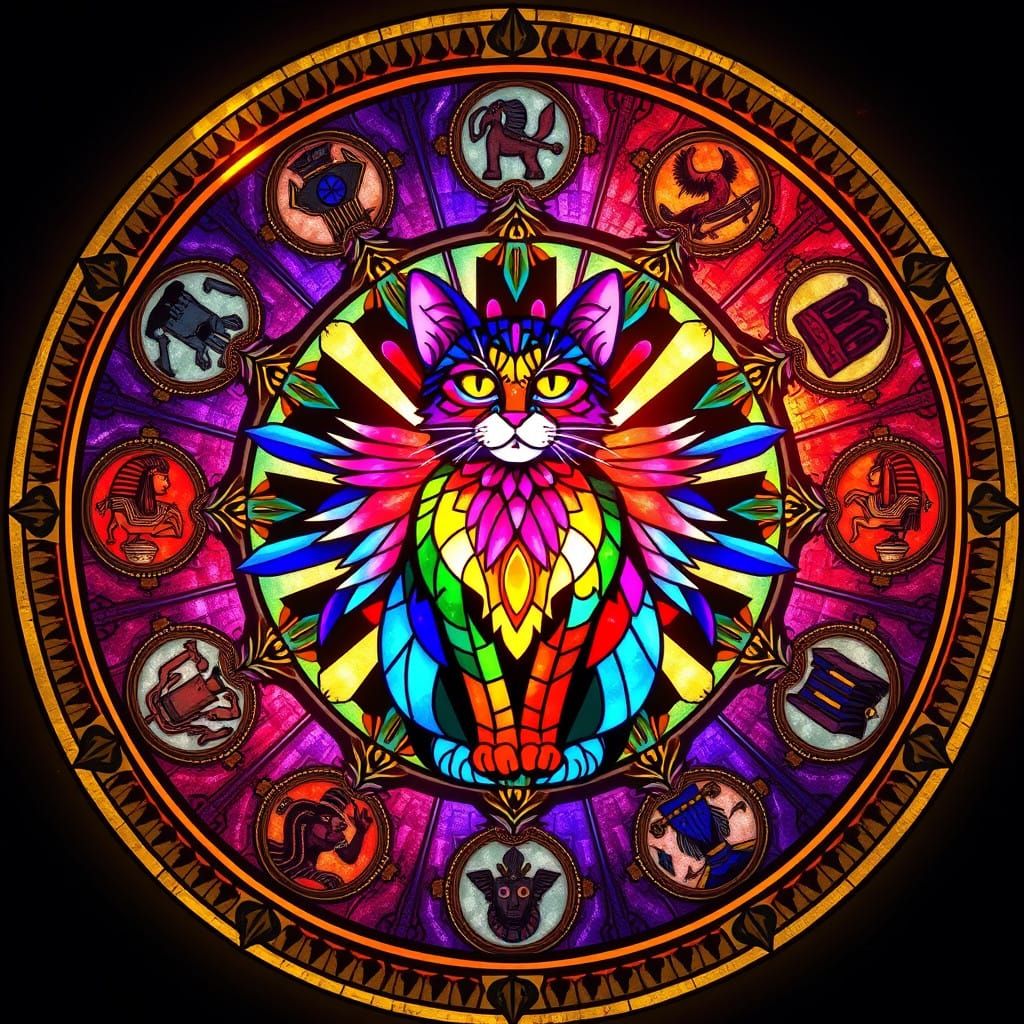 Egyptian Zodiac Cat in Vibrant Stained Glass
