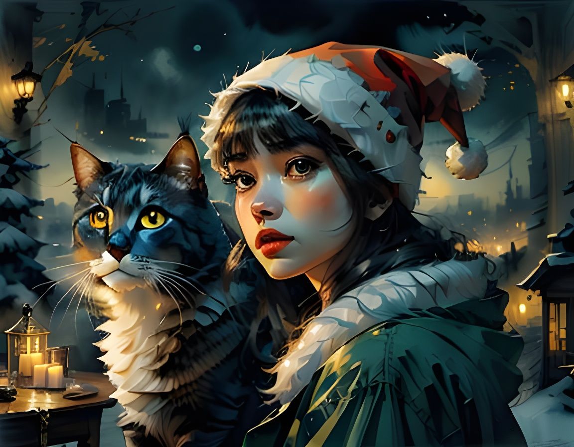 Beautiful Women in Santa Hats with Cats and Candles