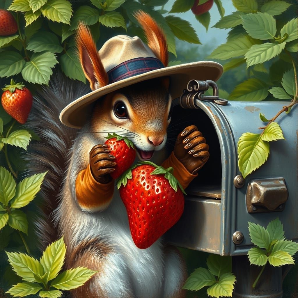 Mischievous Squirrel Delivers Strawberry: Oil Painting Style
