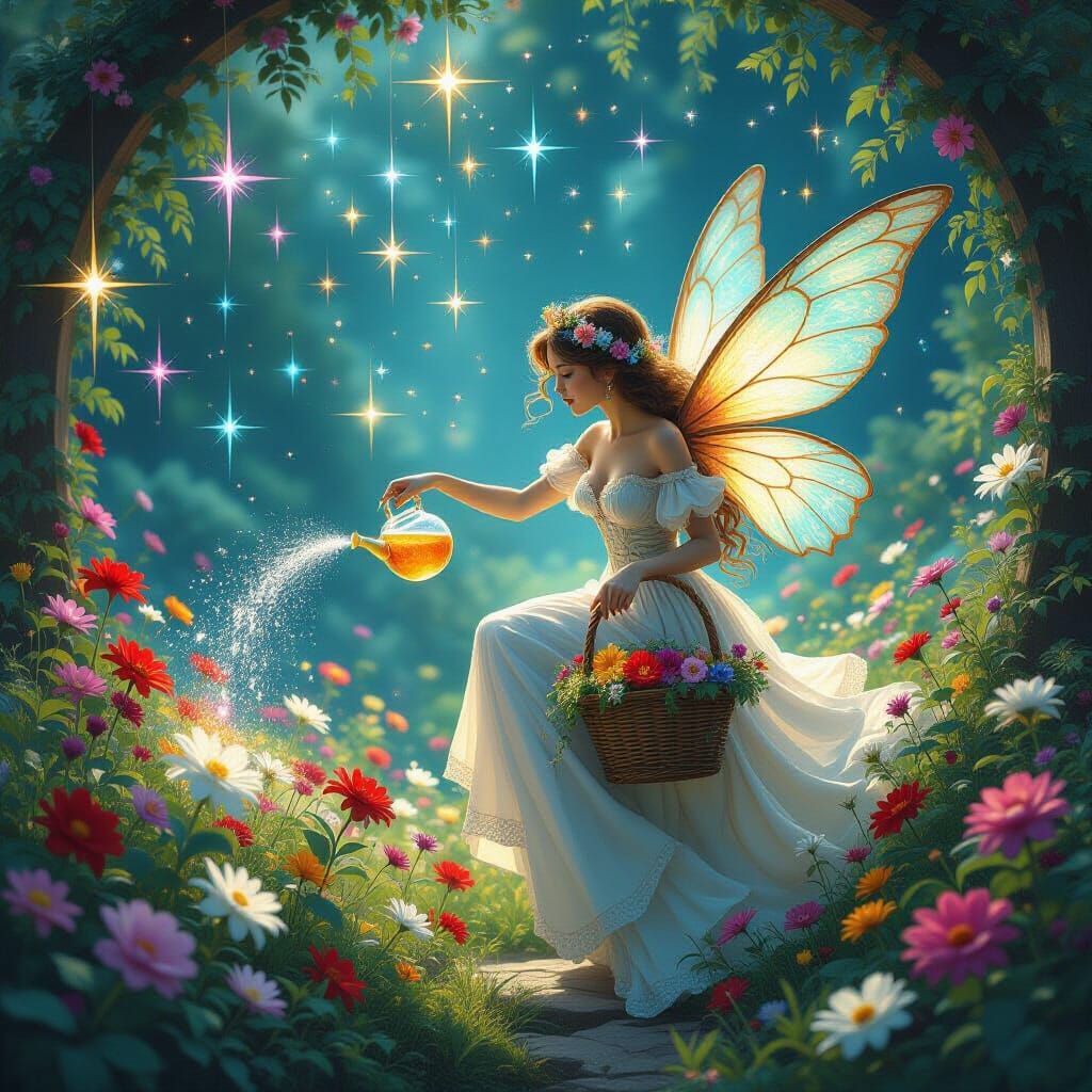 Fairy Tends Magical Garden with Potion and Falling Stars