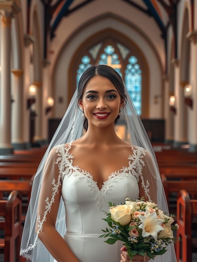 Monochromatic Bride in Church Half-Body Portrait