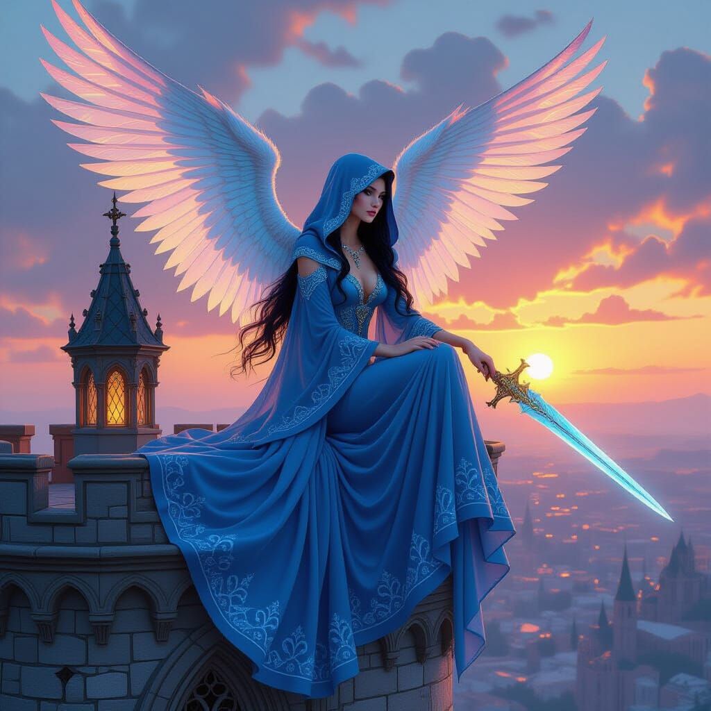 Mystical Figure on Gothic Tower at Sunset