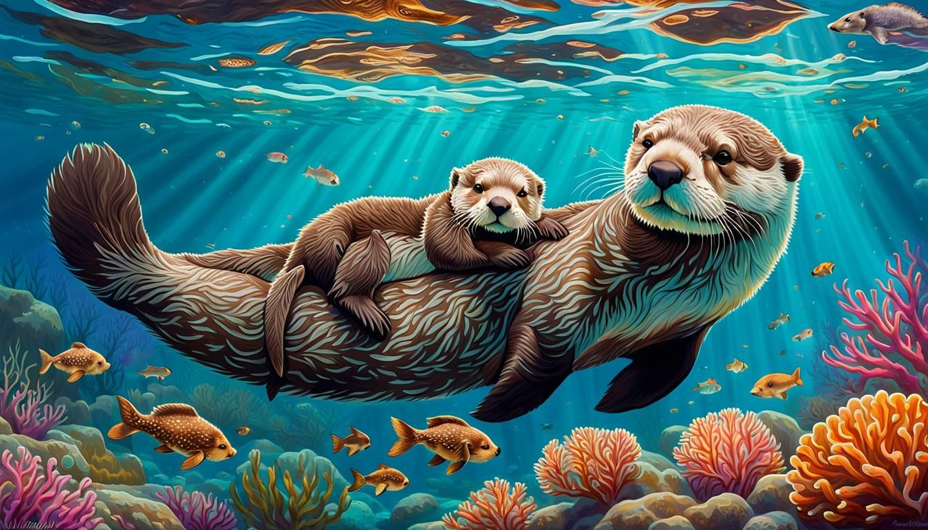 Adorable Sea Otter Mom and Baby in Turquoise Waters