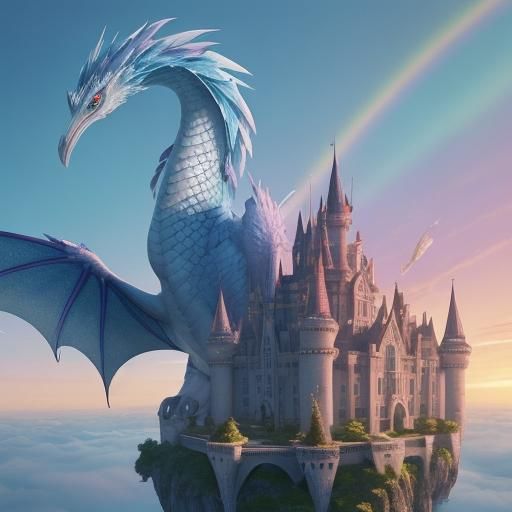 Floating Island Castle with Phoenixes and Dragons