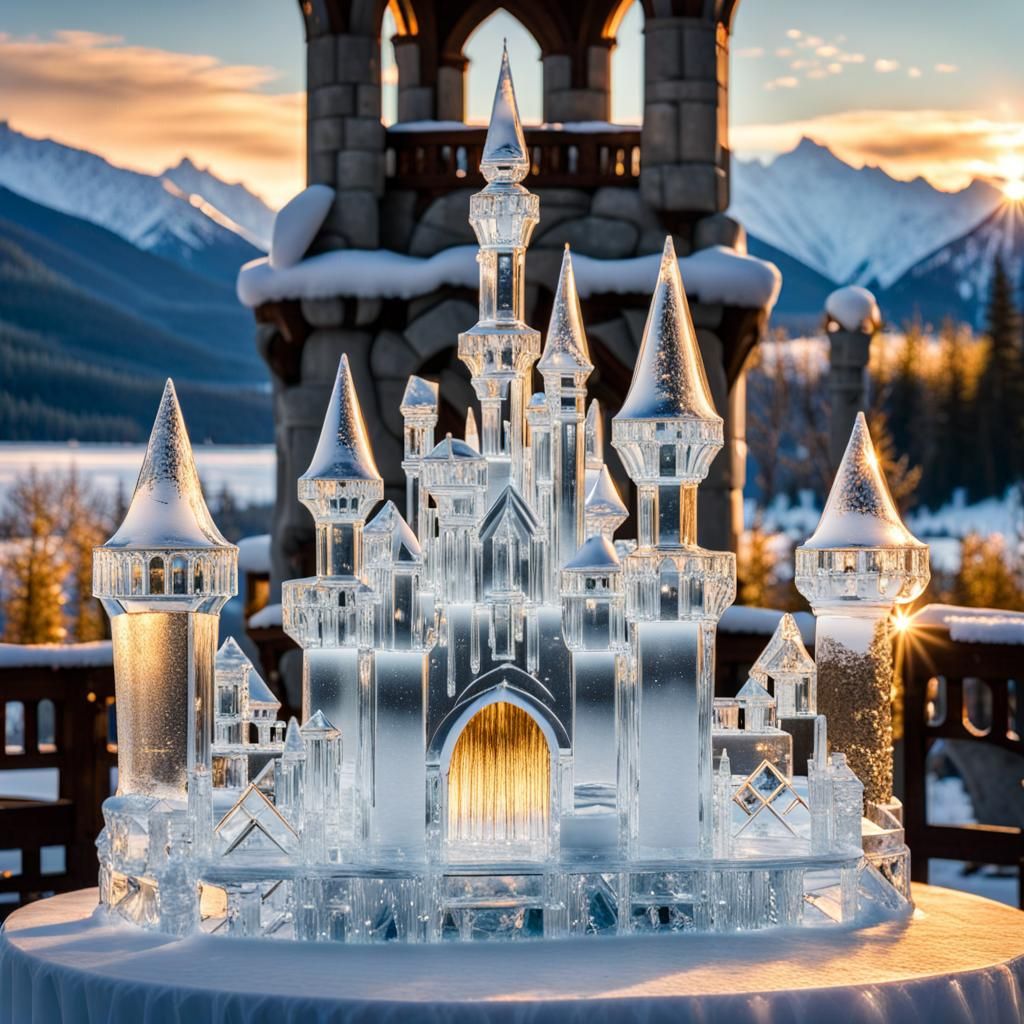 Golden Hour Illuminates Ice Castle Sculpture