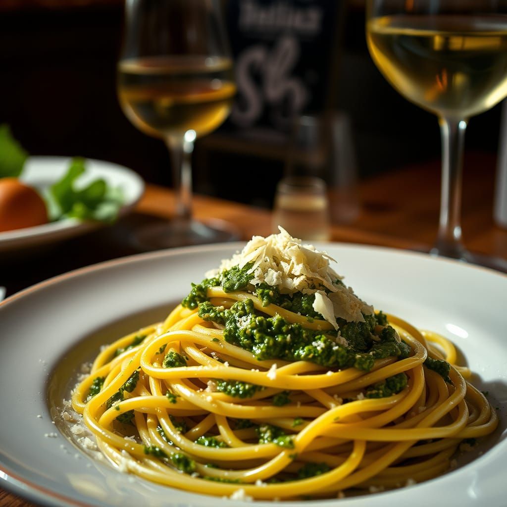 Spaghetti Pesto Still Life: Italian Trattoria Warmth