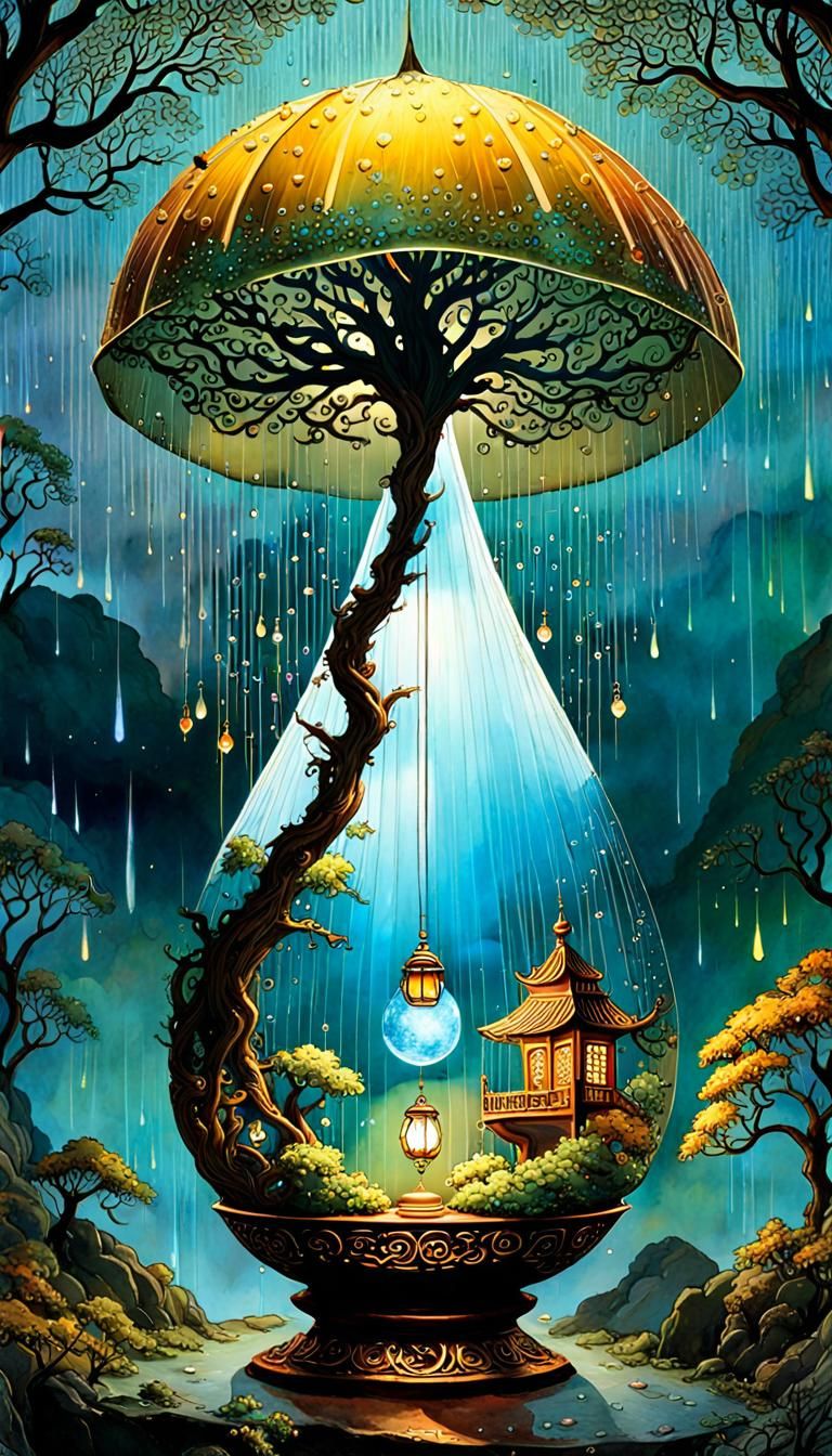 Yggdrasil Dreamscape in Raindrop, Watercolor and Ink