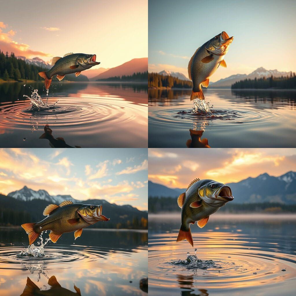 Largemouth Bass Leaps Above Tranquil Morning Lake