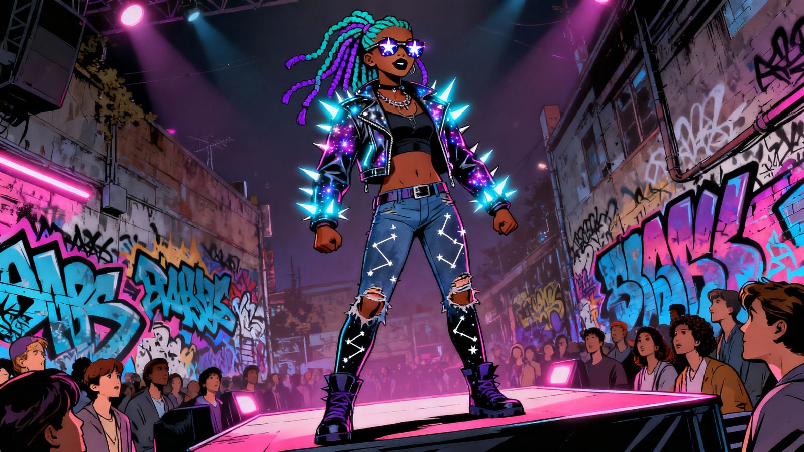 Cosmic Punk Girl in Neon Street Art Style