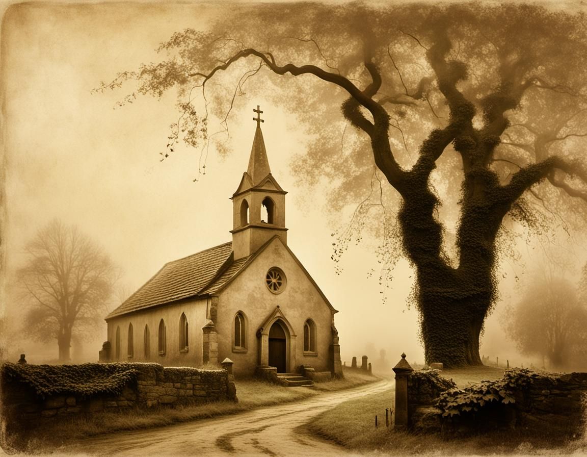 Village Church in Fog: Impressionist Sepia Photograph