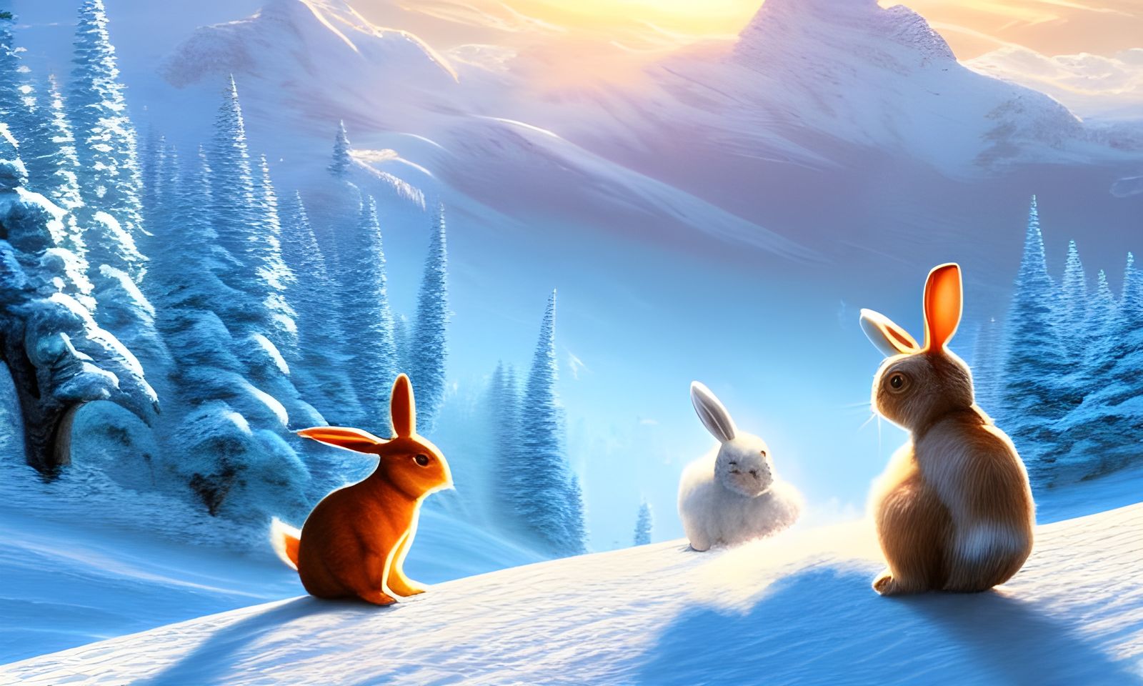 Rabbits Skiing Down a Glorious Mountain: Kinkade Style