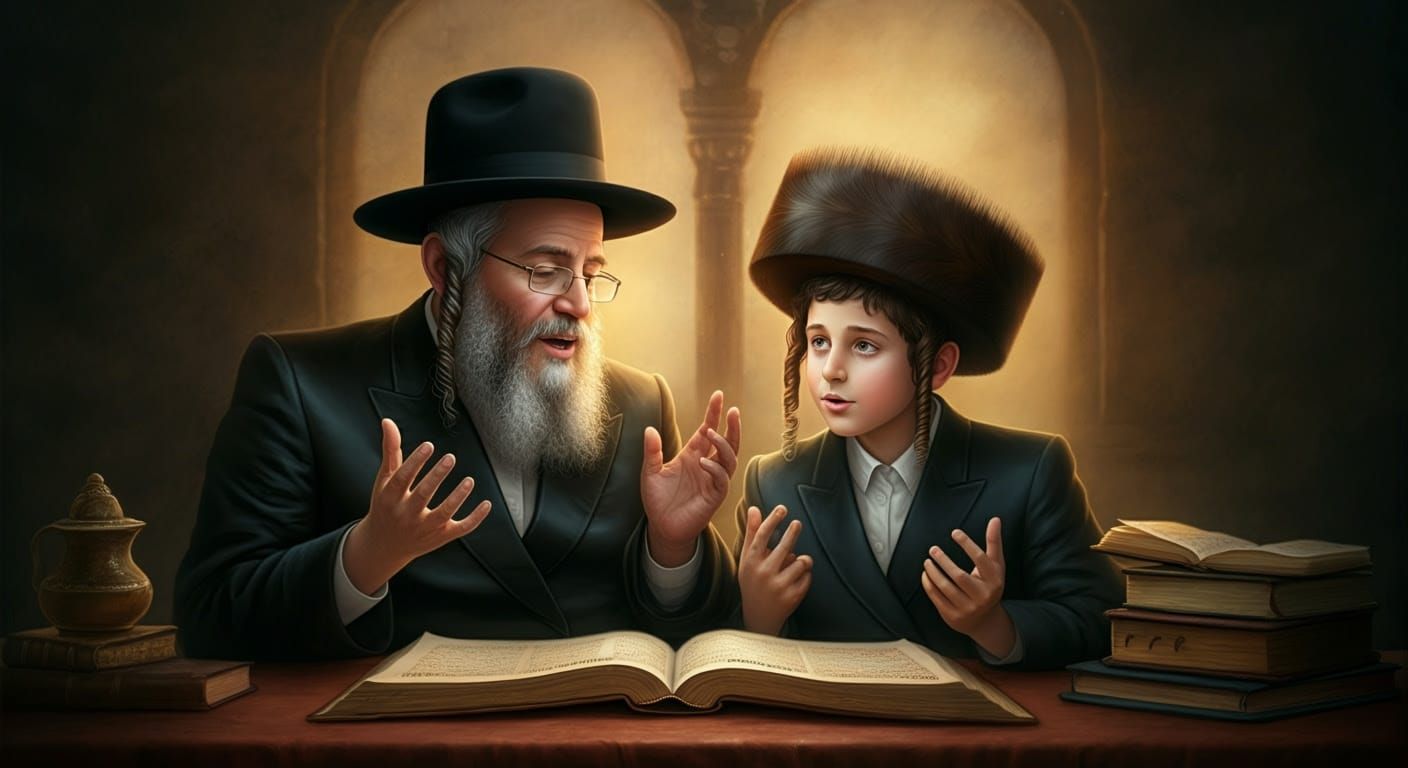 Hasidic Father and Son Learning Torah