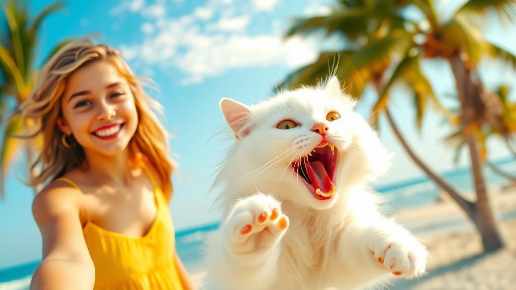 Cat Photobomb on Sunny Beach Selfie