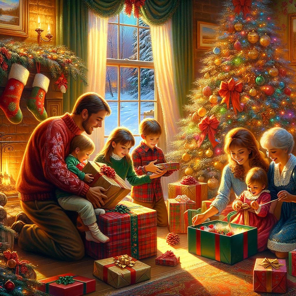 Traditional Family Christmas Morning Scene in Vibrant Oil Pa...