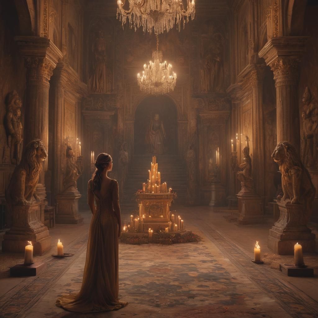 Woman Looks at Portrait in Candlelight, Cinematic Style