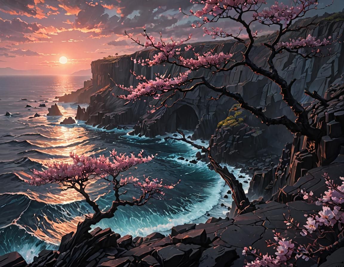 Sakura Tree in Lava Landscape: Luminism Oil Painting