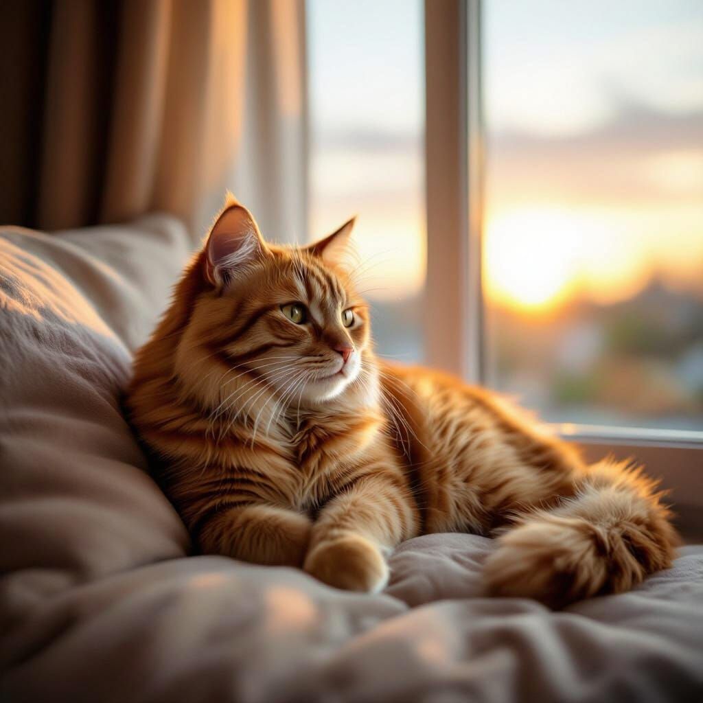 Large Ginger Cat Relaxing on Sofa at Sunset