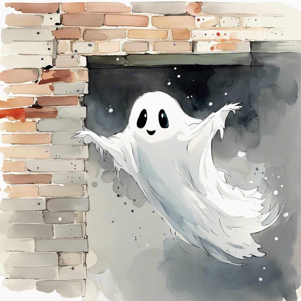 Cute Chibi Ghost Floating in Watercolor Style
