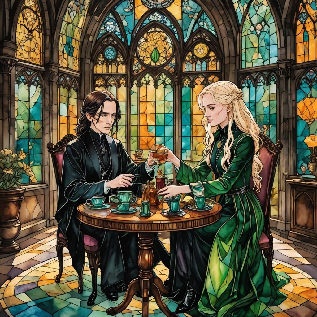 Narcissa and Snape at High Tea: Alcohol Ink Art