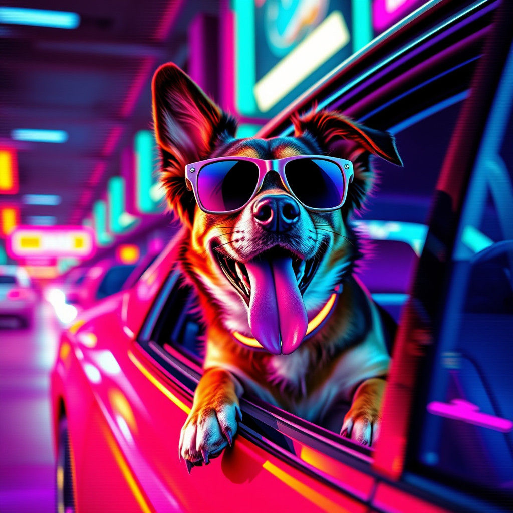 Synthwave Dog Waving From Retro-Futuristic Car