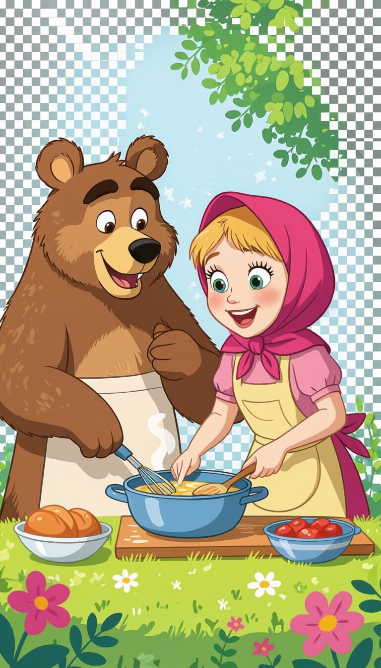 Masha and the Bear Cooking Together: Vibrant Cartoon Art