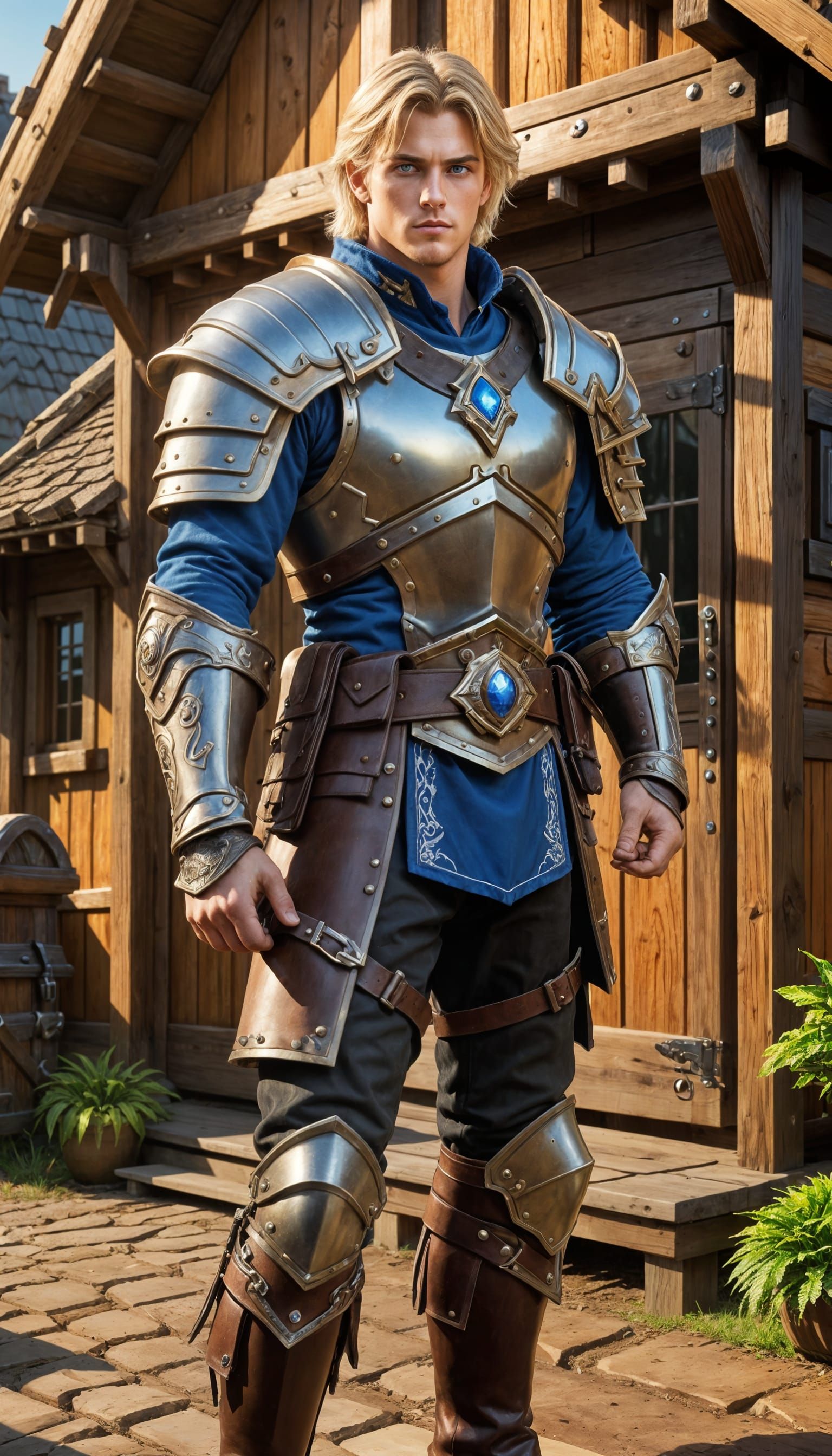 Mercenary Warrior in Leather Armor Standing Before a Wooden....