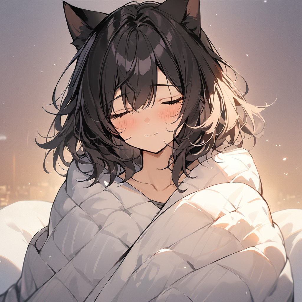 A Catgirl Wrapped in a Quilt, Radiating Cozy Warmth