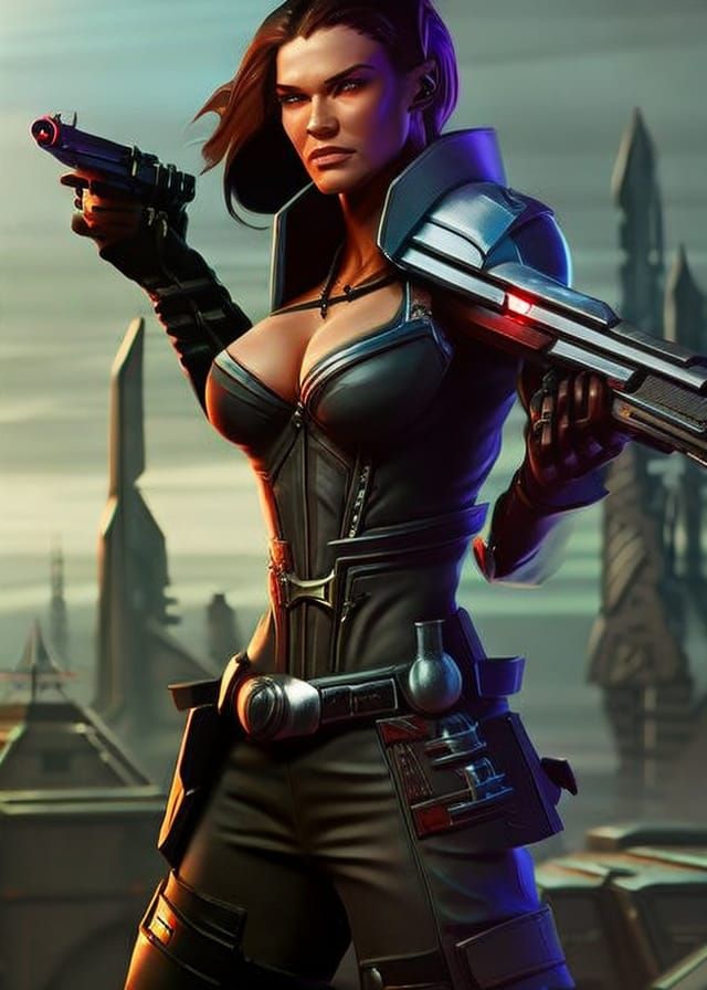 Space Pirate Woman with Sci-Fi Gun and Starship