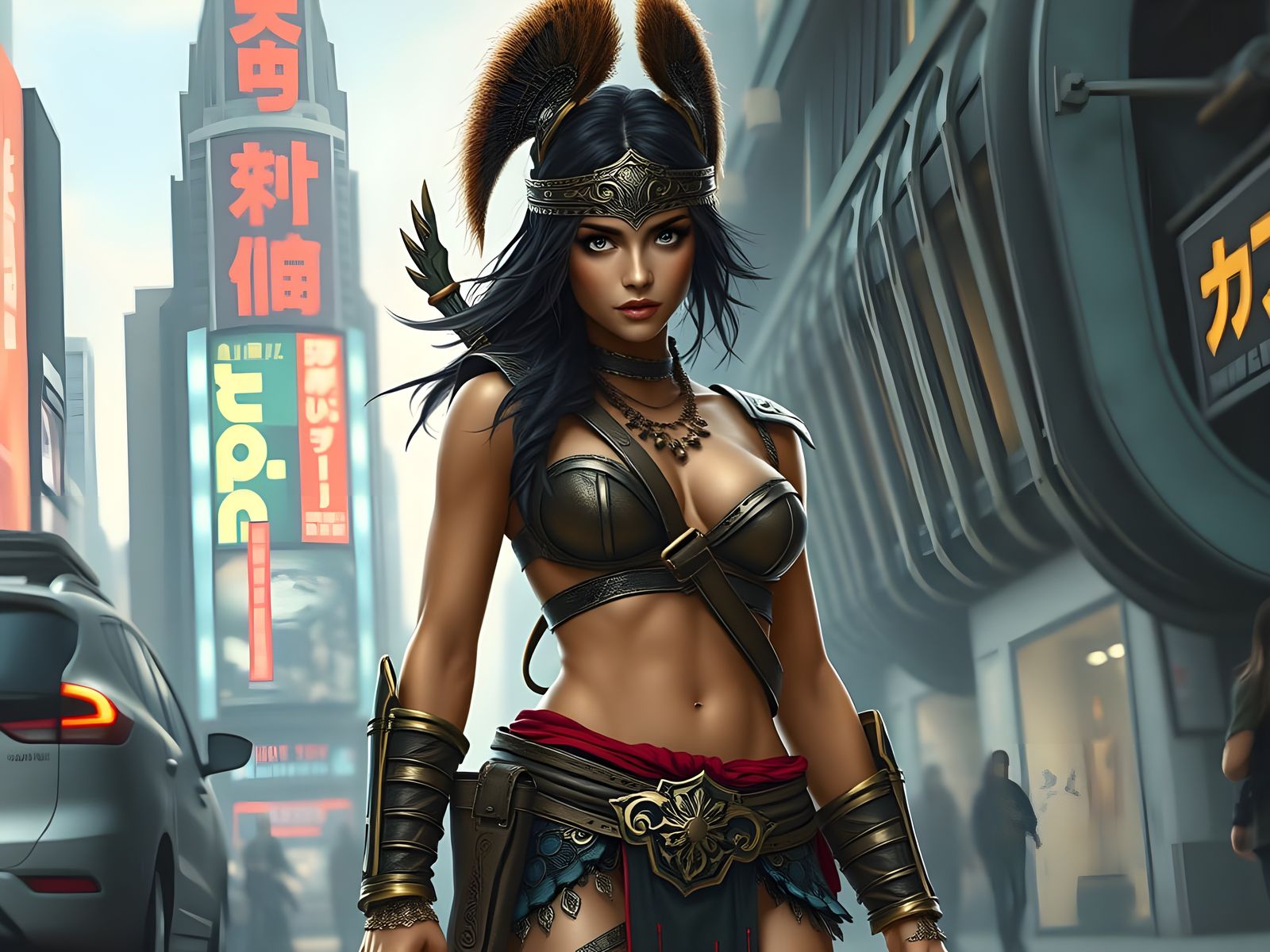Barbarian woman in futuristic city street