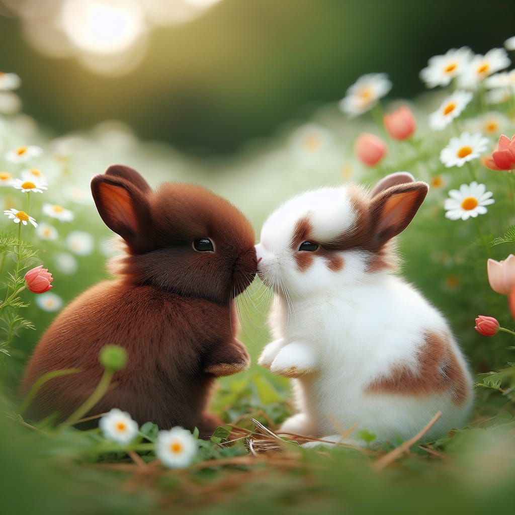 Rabbits Booping Noses in Flower Meadow