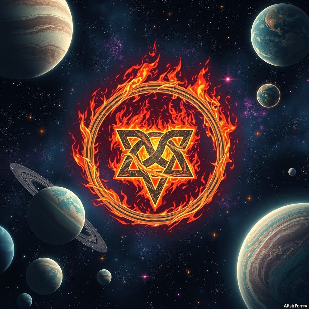 Fiery Rune Symbol Floating in Psychedelic Space