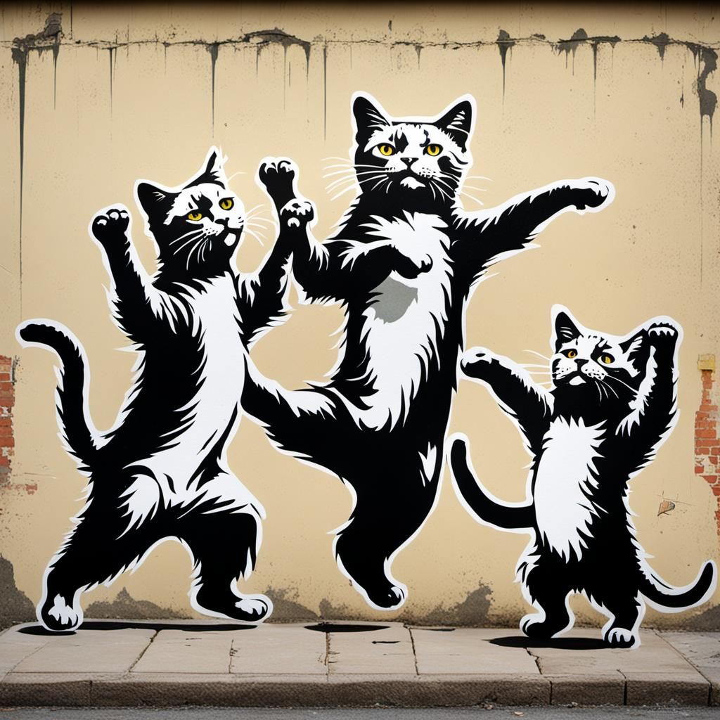 Dancing Cats in Banksy Graffiti Style