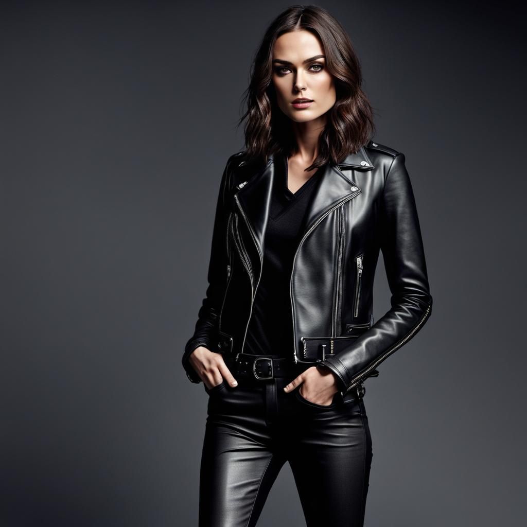 Ultrarealistic Keira Knightley in Leather Biker Outfit